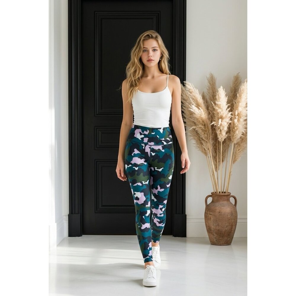 Fila Camo Leggings Green Purple High Rise Athletic Workout Yoga Pants Women’s M